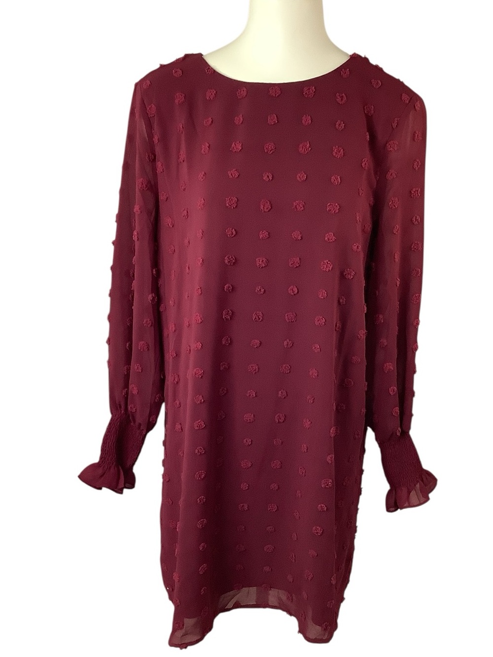 She & Sky Burgundy Long Sleeve Textured Shift Dress Size S